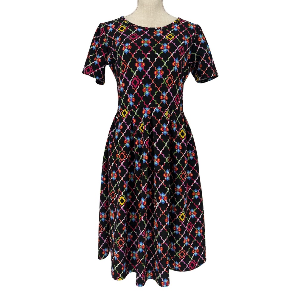 LuLaRoe Amelia Dress Women Large Black Multicolor Trellis Pockets Fit & Flare